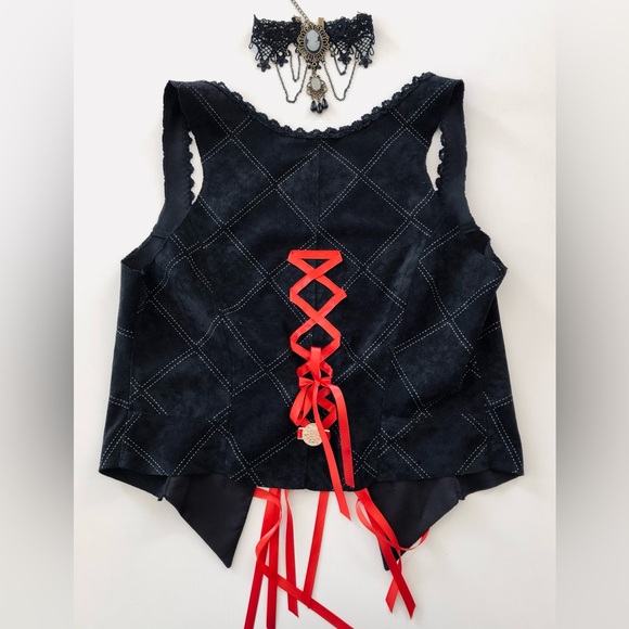 Black, faux,suede corset, Bustiers, vest, with faux white stitching detail szS-M - Picture 11 of 16